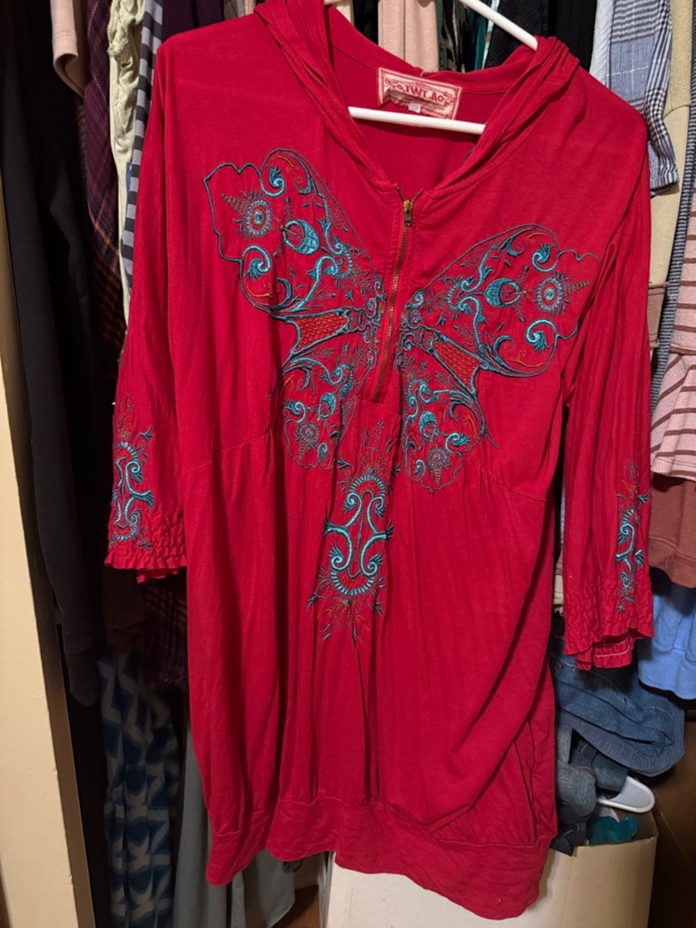 Johnny Was Red Tunic with Turquoise Butterfly Motif